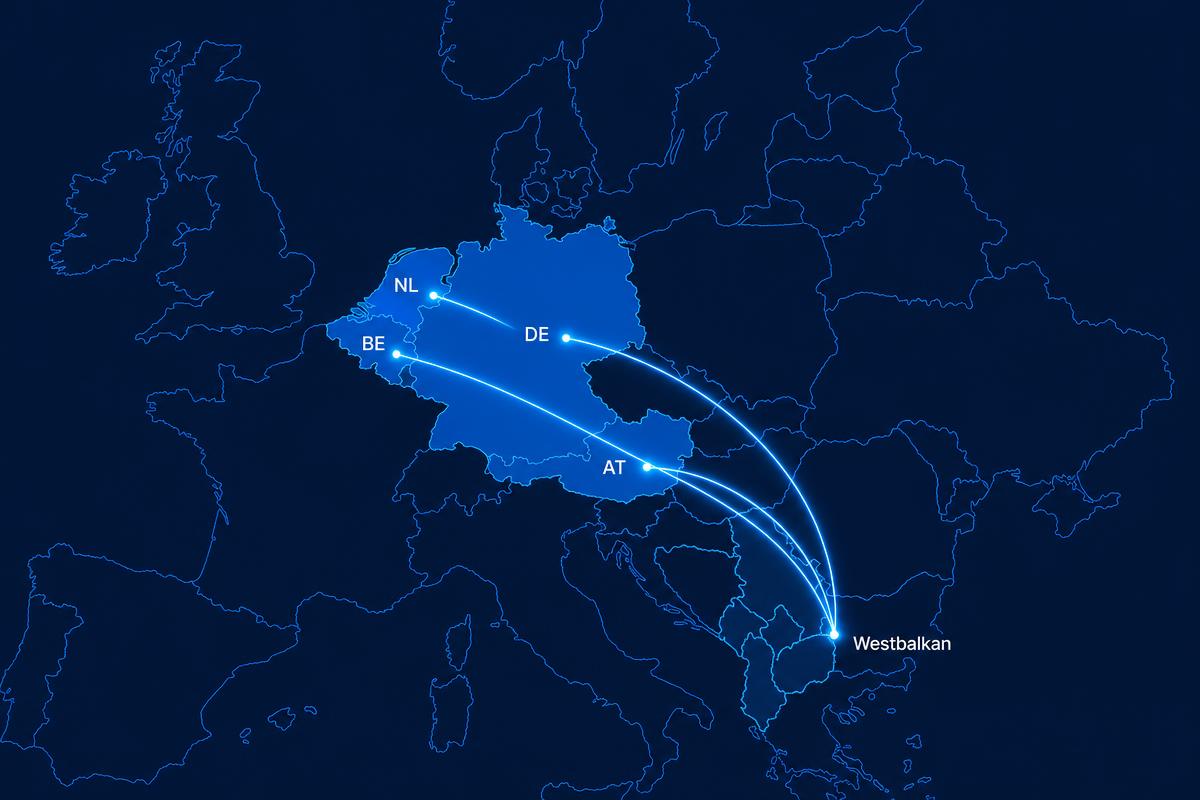 Grafische Verbindung zwischen Westbalkan und Deutschland, Österreich, Belgien und den Niederlanden